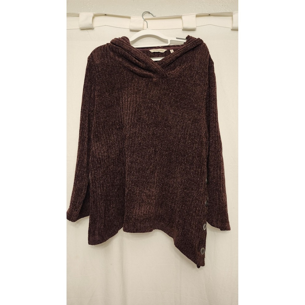 Soft Surroundings Sweater Medium‎ Purple Chenille Hooded Asym Hem Side Buttons